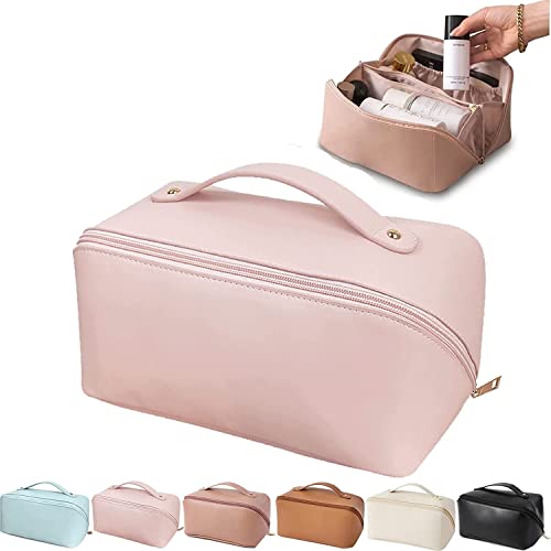 Large Capacity Waterproof Leather Travel Cosmetic Bag for Women - Multi-Layer Makeup Organizer with Skincare & Toiletries Storage - Perfect for Travel, Gym & Daily Use (Pink)