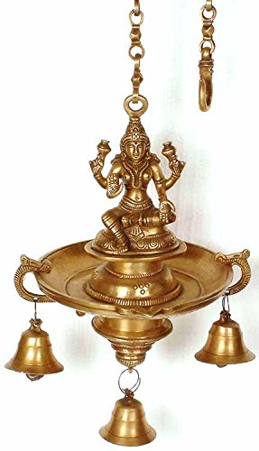 Exotic India Lakshmi Hanging Bell Lamp - Handcrafted Brass Statue for Home Decor, Yoga Studio & Meditation Space | Spiritual Gift & Feng Shui Decor