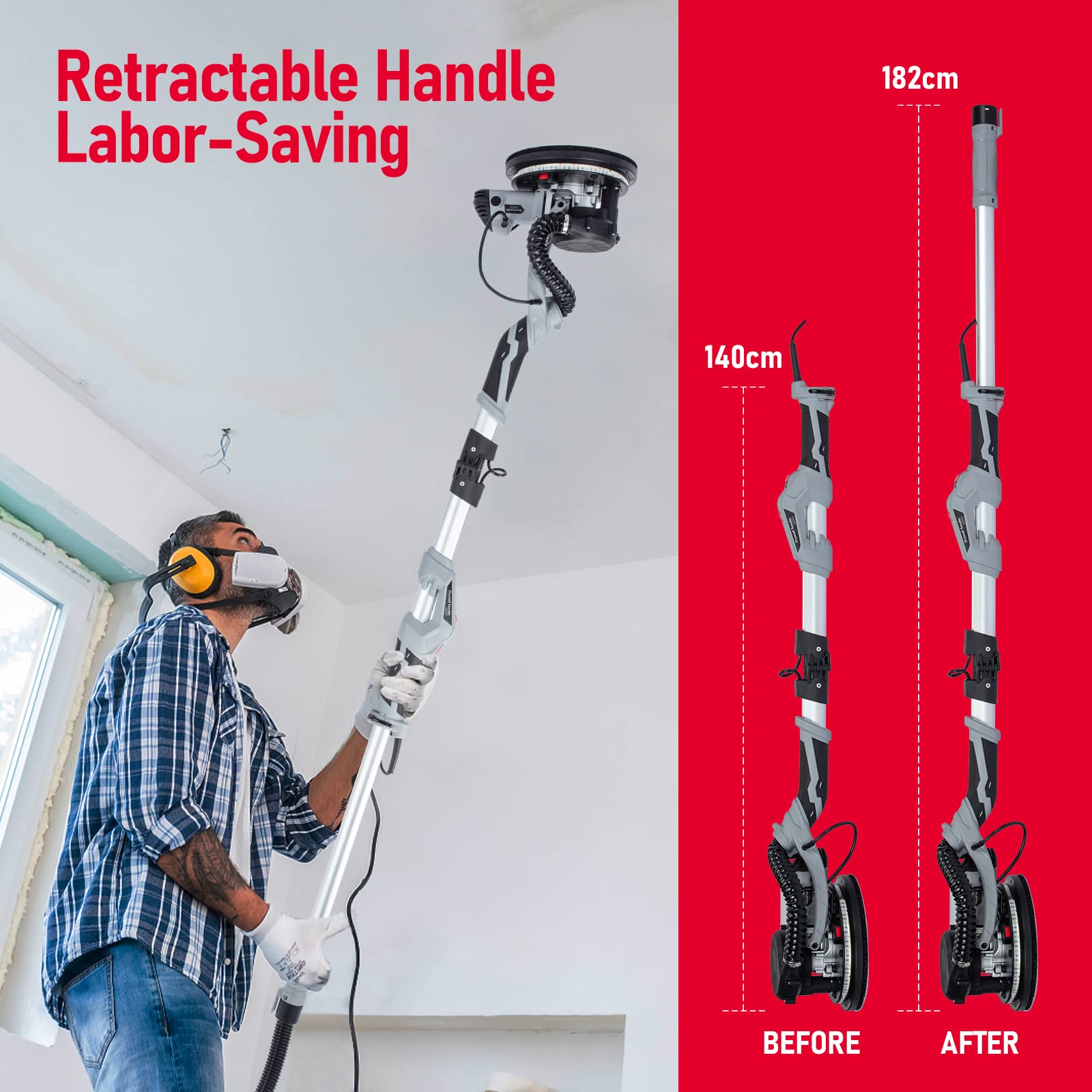 800W Electric Drywall Sander with Vacuum Dust Collection - Variable Speed 800-1800RPM, LED Light, Extendable Handle & 12 Sanding Discs - Perfect for Home Renovation, Wall Smoothing and DIY Projects