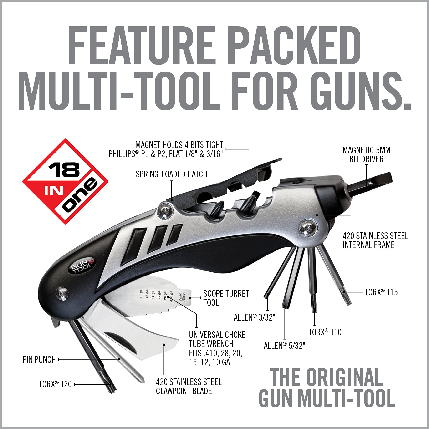 **Real Avid Gun Tool - 18-in-1 Gunsmithing Multi-Tool for Shotguns & Rifles - Includes Bit Driver, Torq Bits, Choke Tube Wrench, Allen Wrench, Scope Tool & Punch Tool - Perfect for Firearm Maintenance, Cleaning & Repair**