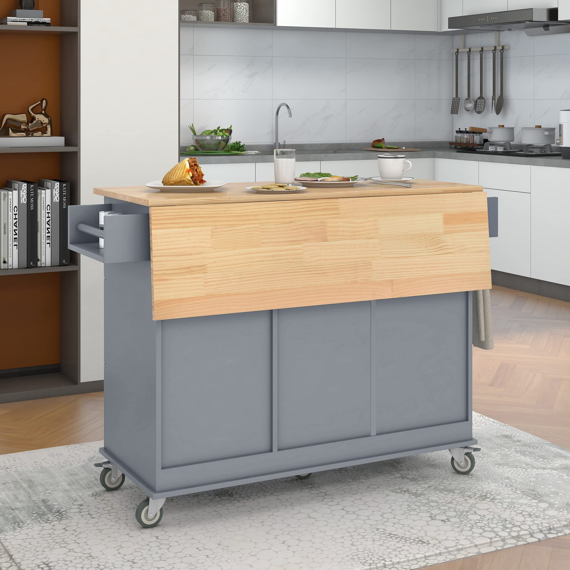 HABITRIO Multi-Functional Kitchen Island Cart with Cabinet, Storage Drawers & Spice Rack - Extendable Solid Wood Table Top, Wheels, Dusty Blue - Perfect for Small Kitchens, Dining Areas & Home Organization