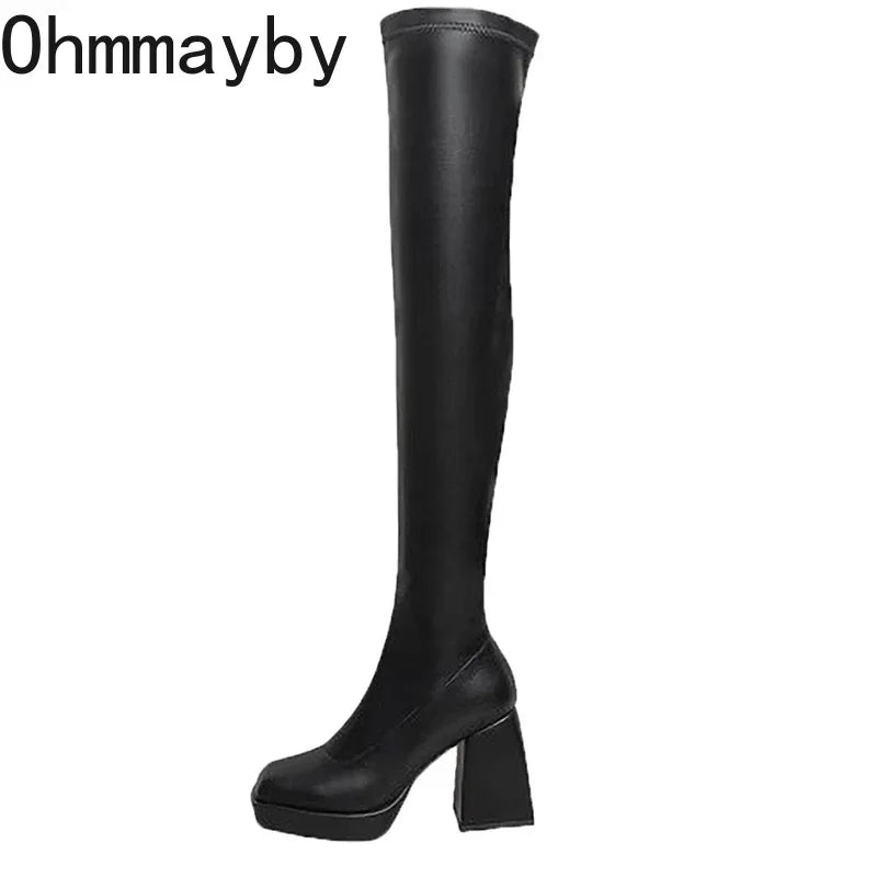 Stylish Black Long Boots for Women - Fashionable Square Toe High Heel Over The Knee Boots with Zippers | Winter Shoes & Elegant Modern Booties for Party, Office & Night Out