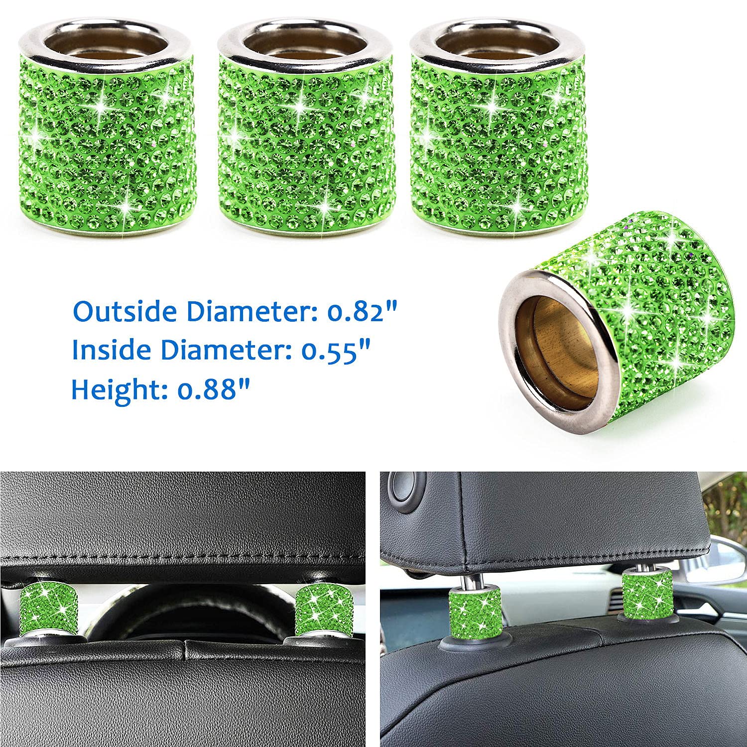 15-Piece Green Rhinestone Car Accessories Set for Women - Crystal Bling Decor, Headrest Rings, Charger, Hooks, Tire Caps & Coasters | Perfect for Car Interior Styling & Gift Giving