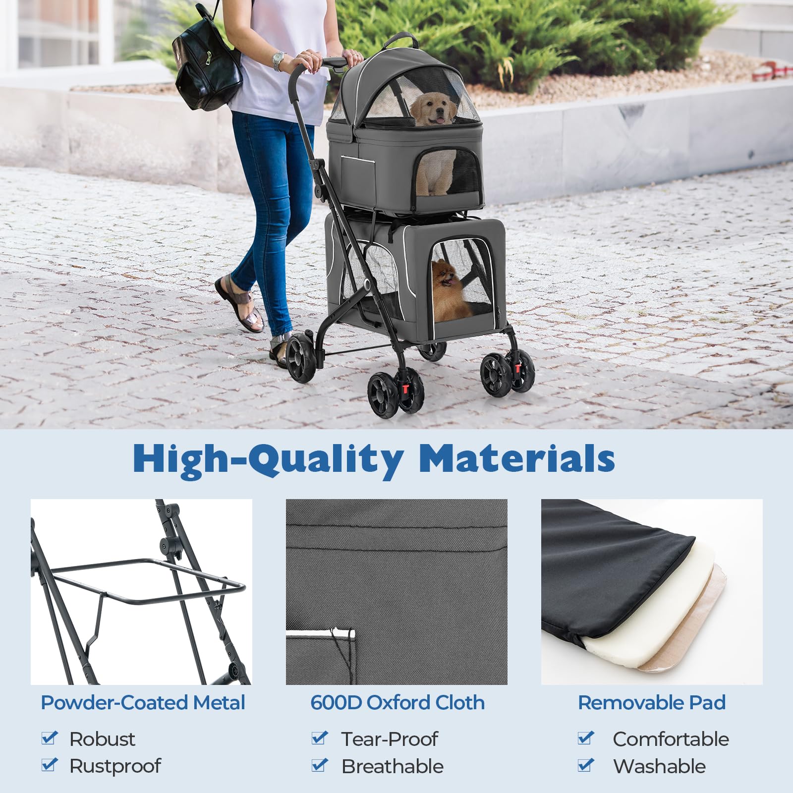 Giantex Double Dog Stroller for 2 Small Medium Dogs - Foldable Pet Stroller with Detachable Carriers, Safety Belt & 4 Lockable Wheels | Cat & Dog Travel Carrier for Outdoor Walks, Park Visits & Vet Trips (Gray)