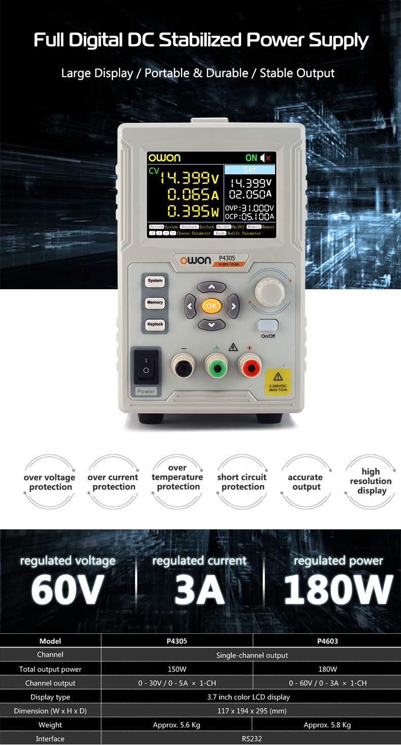 LILLIPUT OWON P4305 Single Channel 150W DC Power Supply 0-30V 0-5A with 1mV/1mA Precision - Perfect for Electronics Testing, Lab Experiments & DIY Projects