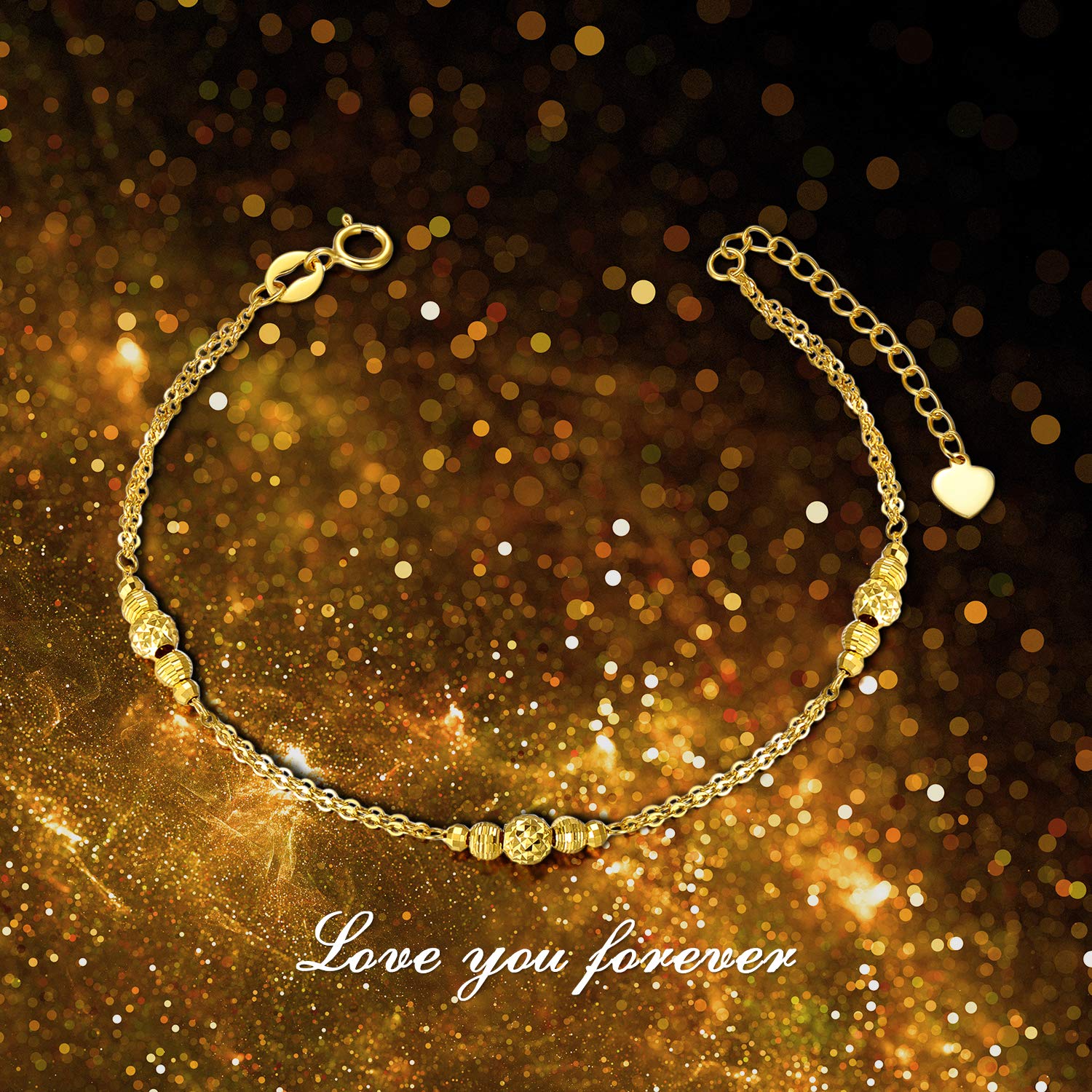 18K Solid Gold Bracelet for Women - Dainty Gold Double Chain Bracelet with Diamond Cut Beads - Elegant Anniversary Jewelry Gift for Wife, Mom, Girlfriend - 7