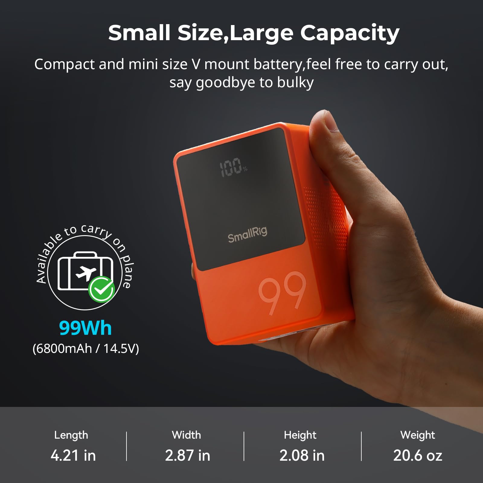 SMALLRIG VB99 Orange V Mount Battery - 99Wh 6800mAh High Capacity with 100W Output, Fast 2H Charge, USB-C/D-TAP/USB-A/Dual DC Ports, OLED Display | Perfect for DSLR Cameras, Camcorders, Monitors & Video Lights | Professional Photography & Videography Power Solution