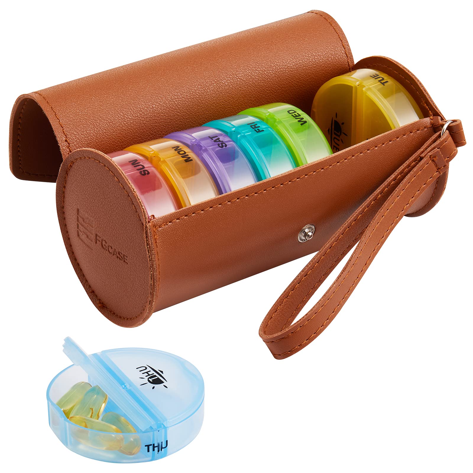 Large 7-Day AM/PM Pill Organizer with PU Case - Weekly Medicine Box for 2 Times Daily Medication (Rainbow Brown) | Perfect for Travel, Work & Home Use
