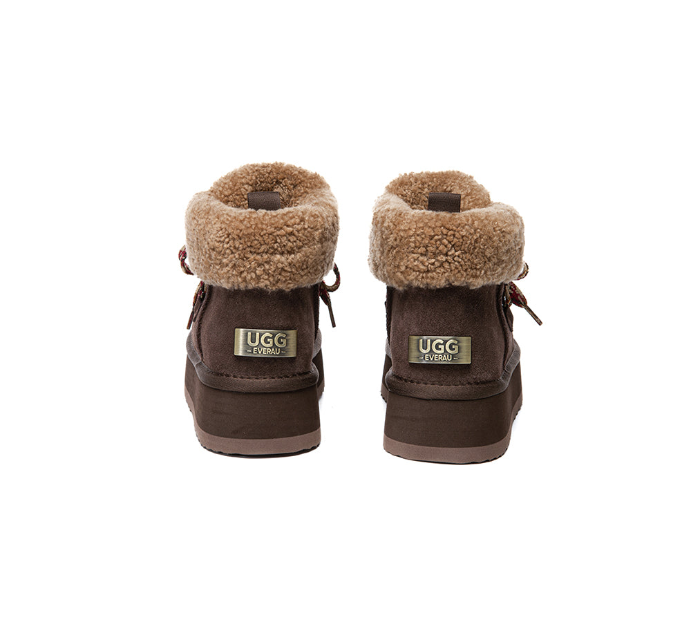 UGG EVERAU® Women's Sheepskin Wool Lace-Up Ankle Boots with Platform - Cozy Winter Fashion for Casual Outings & Outdoor Activities