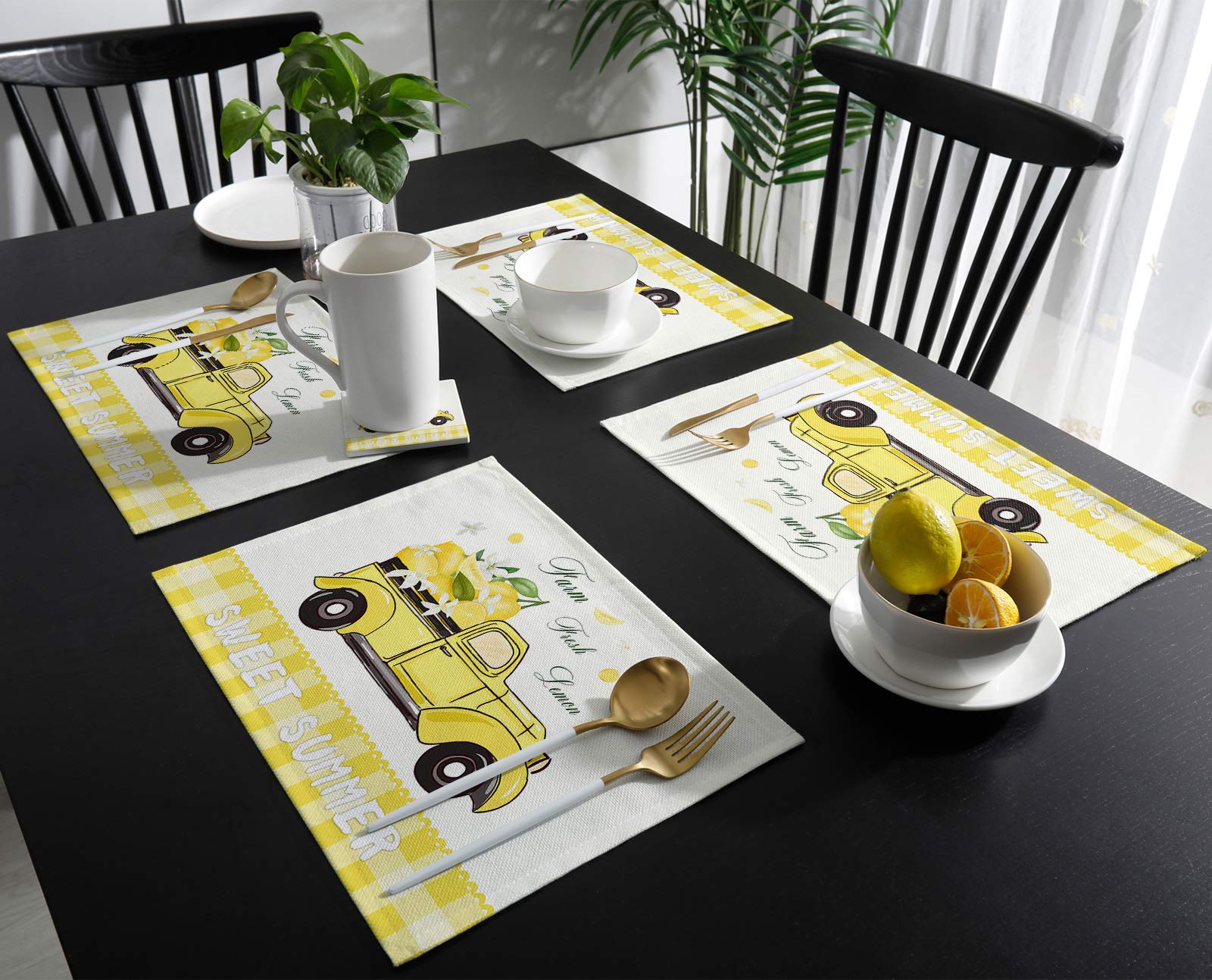 Round Non-Slip Heat Resistant Placemats Set of 4 - Tropical Lemon Truck Plaid Design, Washable Kitchen Table Mats for Dining Room, Summer Yellow Lattice Pattern - Perfect for Family Meals, Indoor Picnics & Home Decor (Kids/Women/Men)