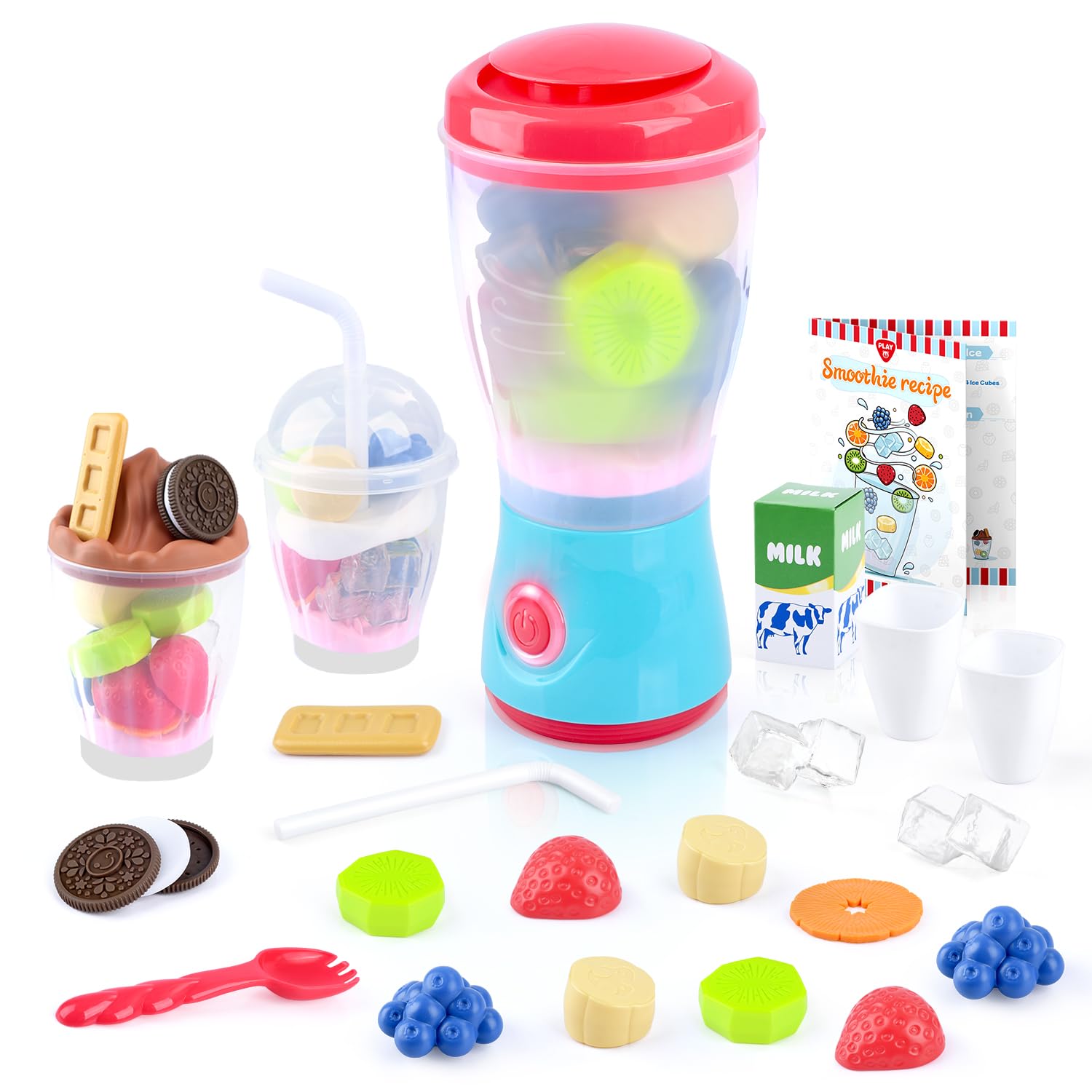 **27-Piece PLAY Smoothie Maker Toy Blender Set for Kids - Realistic Pretend Play Kitchen Appliance with Lights & Sounds, Includes Toy Food Fruits & Cookies - Perfect Birthday Gift for Ages 3+ (Great for Role Play & Imaginative Fun)**