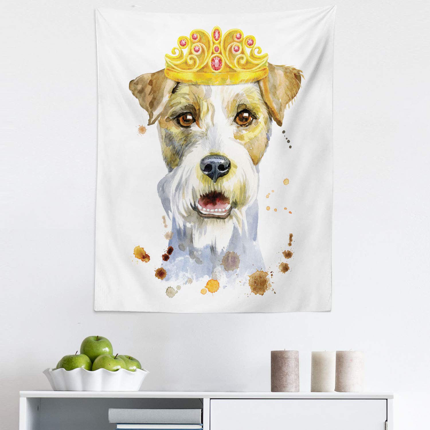 Ambesonne Airedale Tapestry - Watercolor Portrait of Royal Terrier with Crown | Fabric Wall Hanging Decor for Bedroom, Living Room, Dorm | 23x28 Inches White Multicolor | Perfect for Pet Lovers & Home Decor