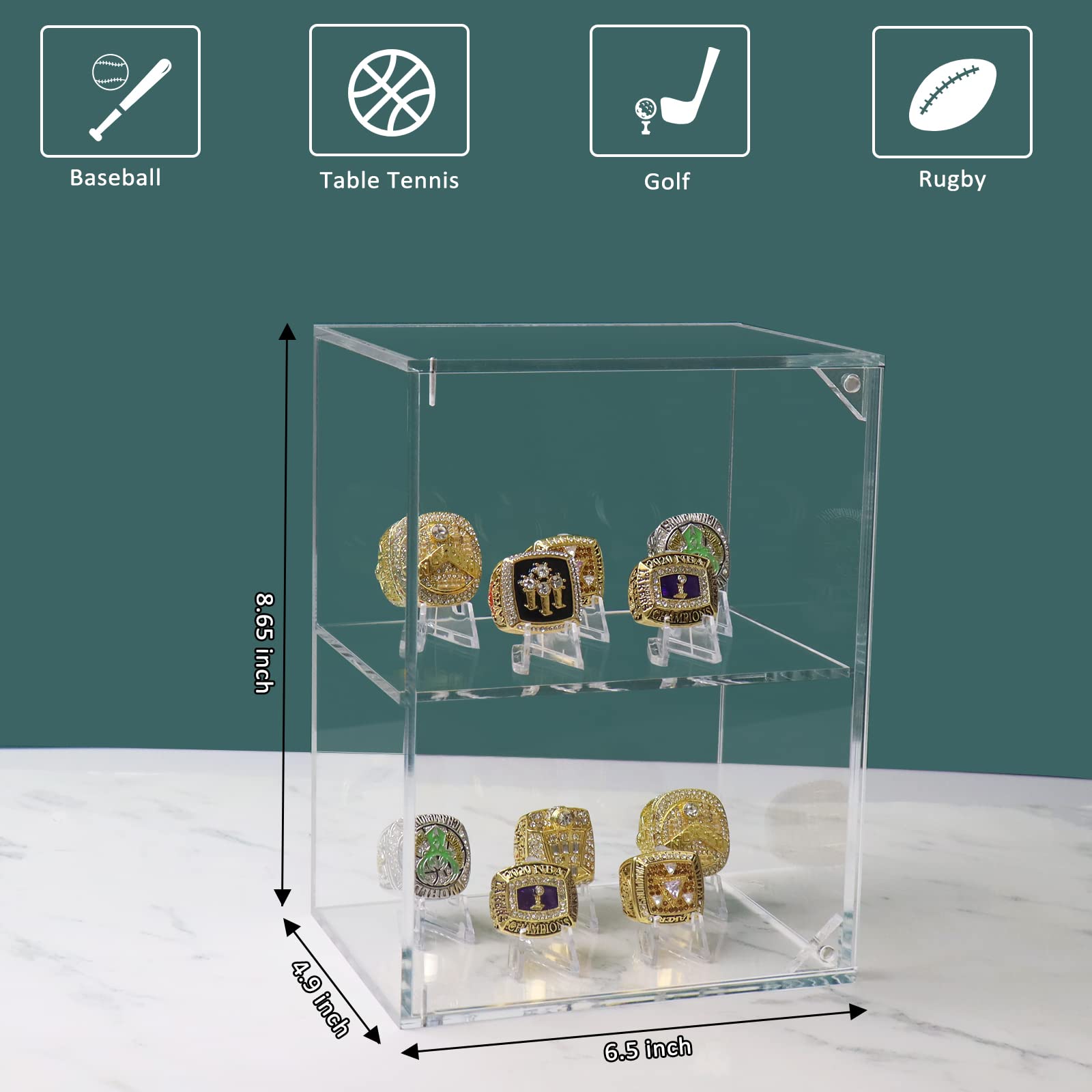 Championship Ring Display Case - Large Acrylic Baseball & Softball Ring Holder Box with 10 Fixed Stands - Perfect for Football, Sports, Cheerleading & Replica Rings - Ideal for Trophy Rooms, Sports Memorabilia Displays & Collector Showcases