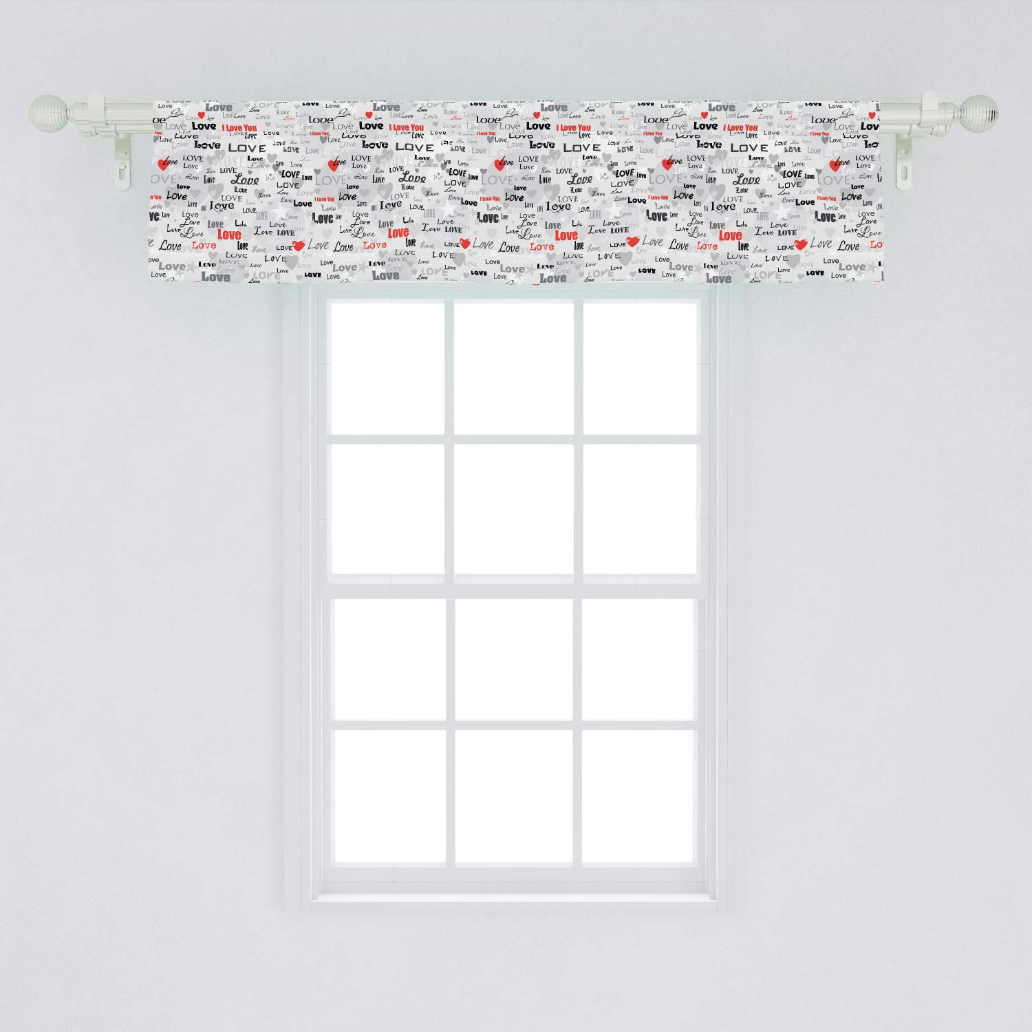 Ambesonne Valentine's Window Valance - Romantic 'I Love You' Print on Grey Heart Pattern - 54x12 Inch Kitchen & Bedroom Curtain Valance with Rod Pocket (Pale Grey/Scarlet/Black) - Perfect for Valentine's Day Decor & Anniversary Gift Ideas