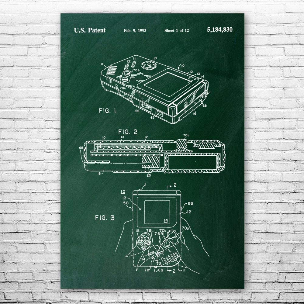 Retro Game Boy Blueprint Poster - 8x10 Inch Video Game Wall Art Decor for Gamers & Collectors - Perfect Gift for Game Room, Man Cave, or Office (Green Chalkboard Style)