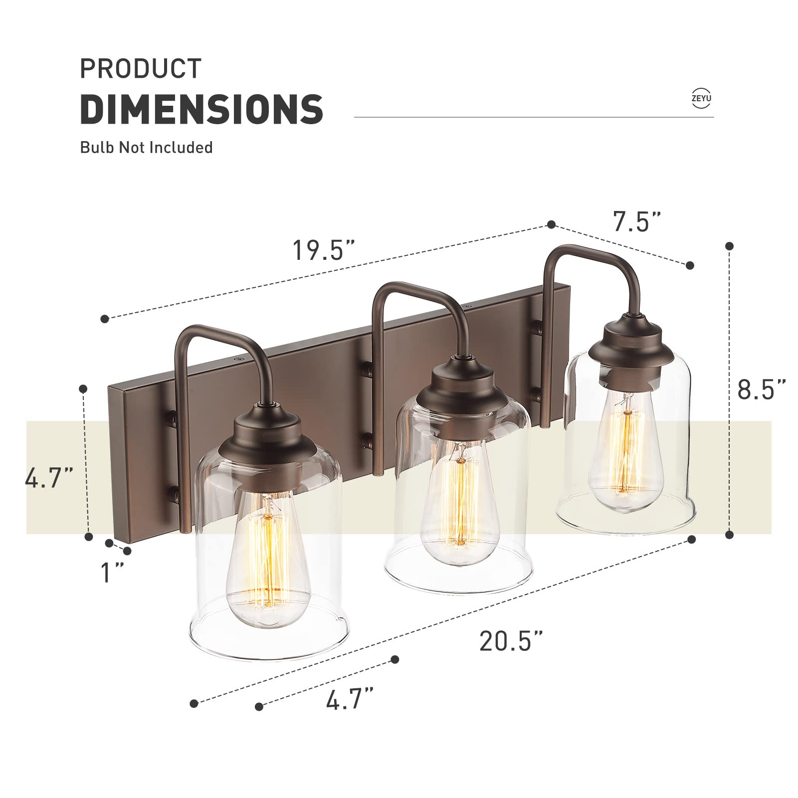 20.5 Inch Farmhouse Bathroom Vanity Light Fixtures - 3-Light Oil Rubbed Bronze Mirror Lighting with Clear Glass Shades - Perfect for Bathroom, Powder Room, and Dressing Room Illumination