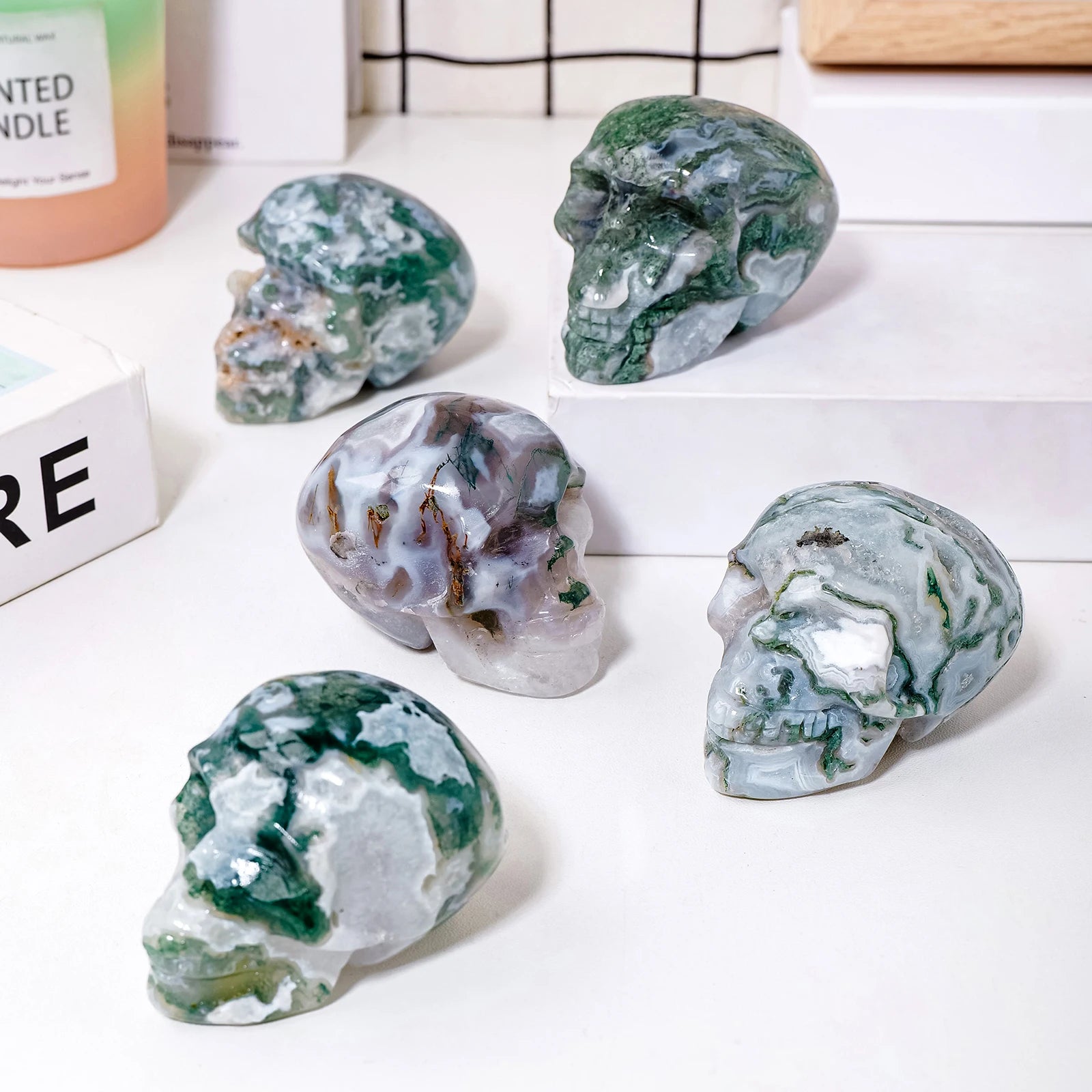 Natural Moss Agate Crystal Skull - Hand Carved Healing Stone for Reiki, Meditation & Home Decor - Unique Spiritual Gift for Collectors & Crystal Enthusiasts (Perfect for Altars, Yoga Spaces & Office Desk Decor)