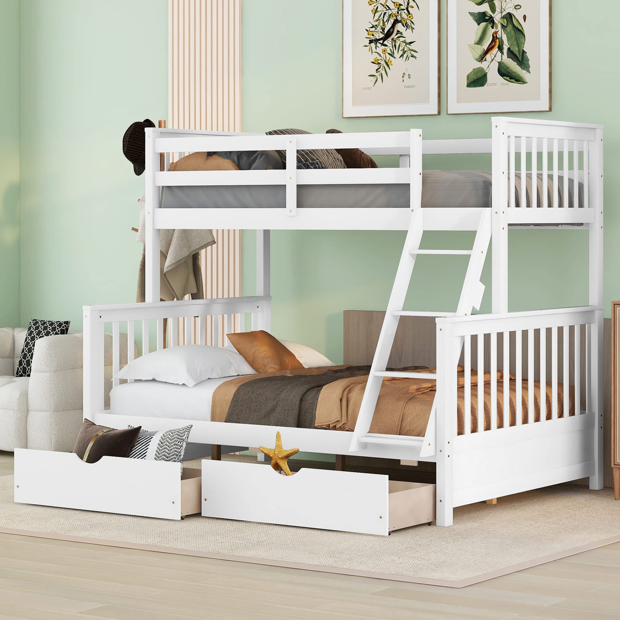 P PURLOVE Twin Over Full Bunk Bed with Storage - Wood Frame for Kids & Teens - Space Saving Bedroom Solution