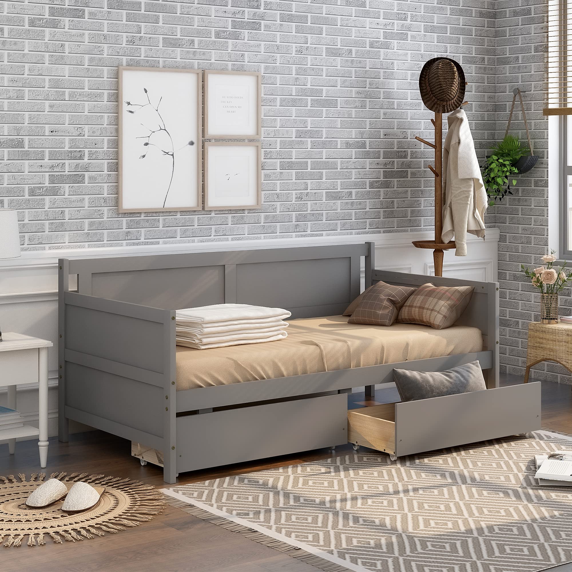 Modern Twin Daybed with Storage - Wooden Day Bed Frame with 2 Drawers, Space-Saving Sofa Bed for Living Room & Bedroom - Gray | Perfect for Small Spaces, Guest Rooms & Studio Apartments