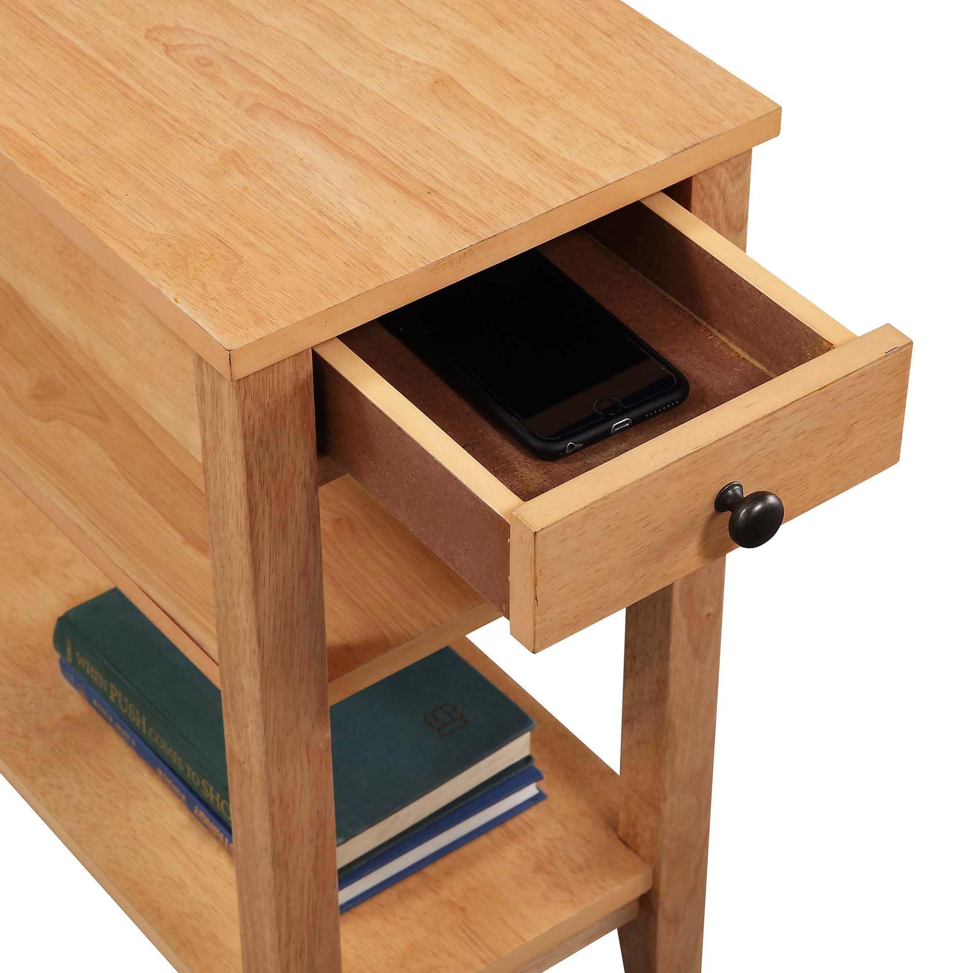 Convenience Concepts American Heritage Chairside End Table with Drawer - 23.5 Inch Classic Living Room Side Table with Storage Shelf | Bedroom Nightstand | Natural Wood Finish | Perfect for Living Room, Bedroom & Home Office