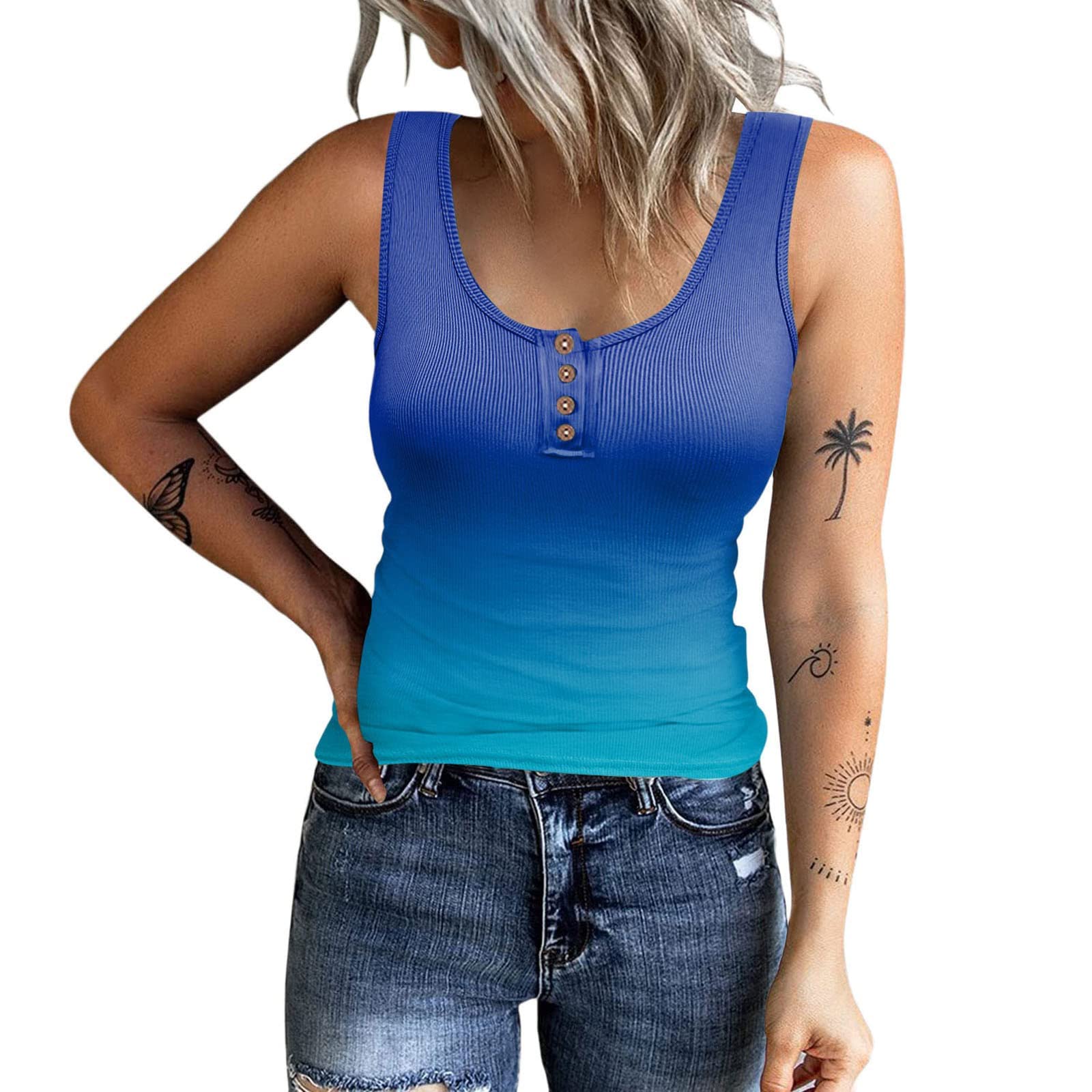 Women's Ribbed Tank Tops - Summer Workout Shirts with Gradient Buttons & V-Neck | Gym, Yoga, Running & Casual Wear