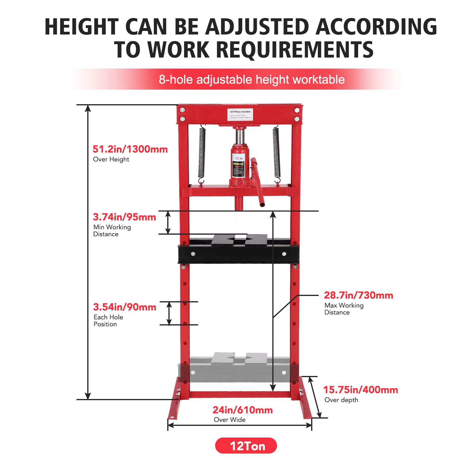 12 Ton Hydraulic Press with Press Plates - Benchtop H-Frame Garage Floor Press with Adjustable Height - Heavy Duty Metalworking, Bearing Removal & Auto Repair Tool for Workshop & DIY Projects