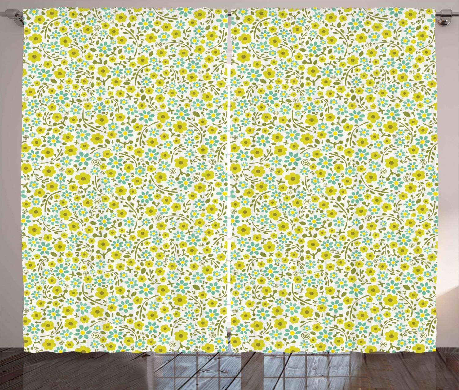 Ambesonne Floral Curtains - Blossoming Spring Garden Design in Green Shades, Nature Inspired Window Drapes for Living Room & Bedroom, 2 Panel Set 108