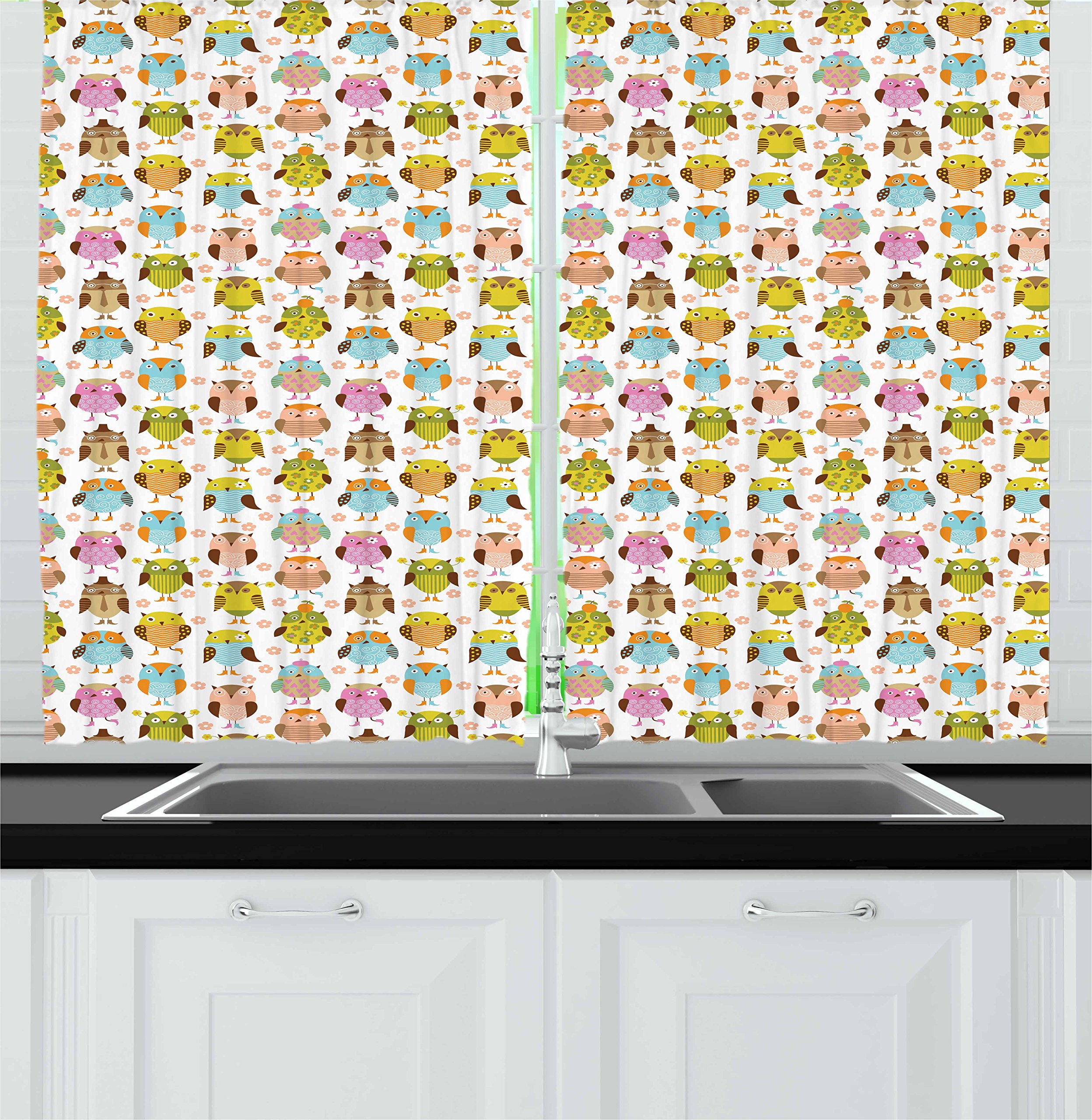 Ambesonne Owl Print Kitchen Curtains - Floral Bird Daisy Orange Sunglasses Striped Swirl Heart Design, Colorful Window Drapes 2-Panel Set for Kitchen & Cafe Decor, 55