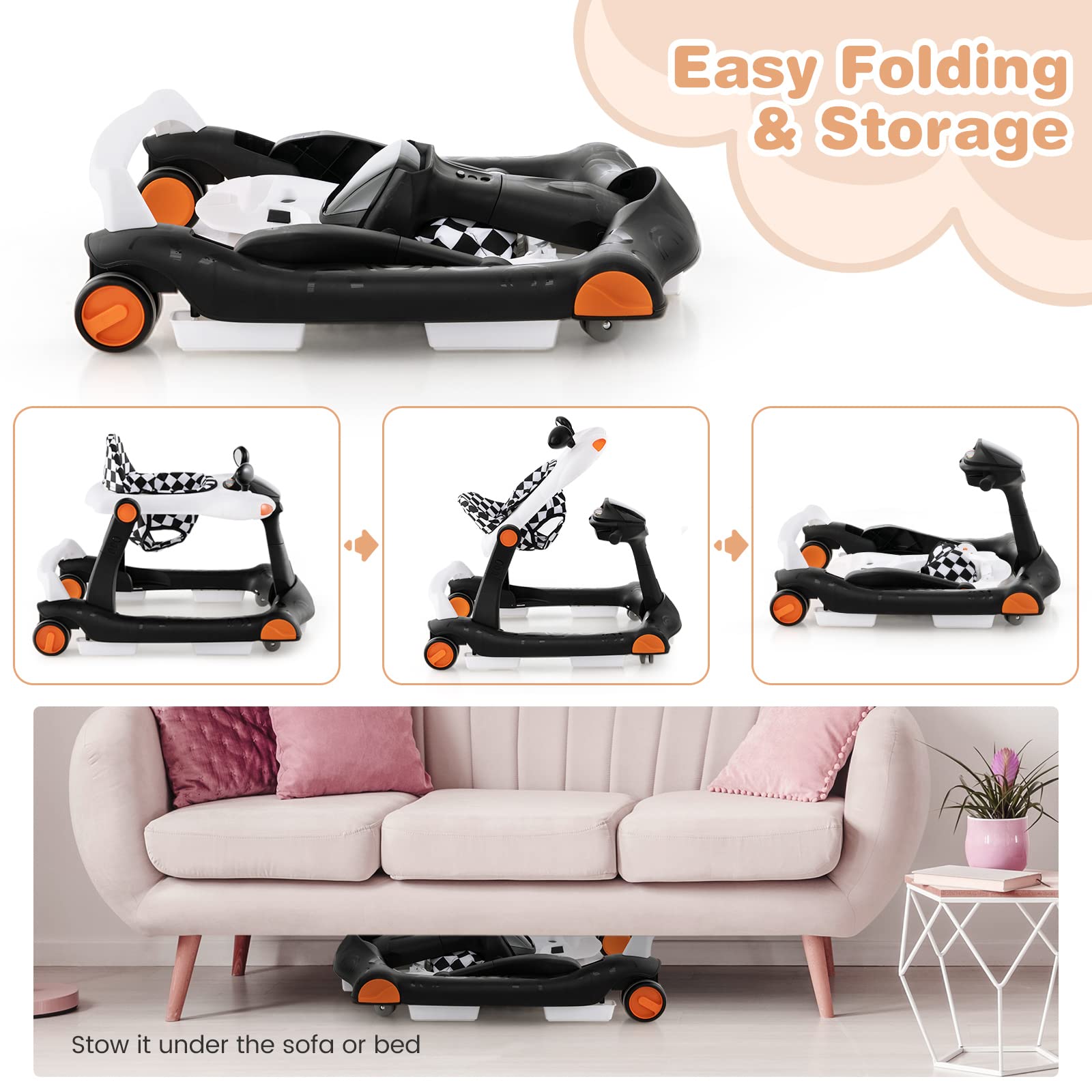 HONEY JOY Baby Walker - Foldable Push Learning Walker Toy with Wheels, Adjustable Height & Padded Seat for Boys & Girls 6-18 Months | Music, Lights, Mirrors | Indoor & Outdoor Use for Early Walking Development