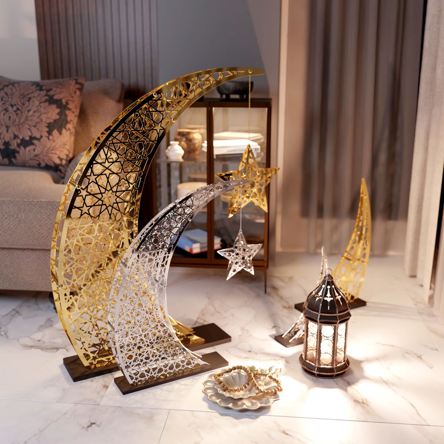 Elegant Crescent & Star Ramadan Decor - Metal Islamic Wall Hanging for Home, Mosque & Eid Celebration Decorations
