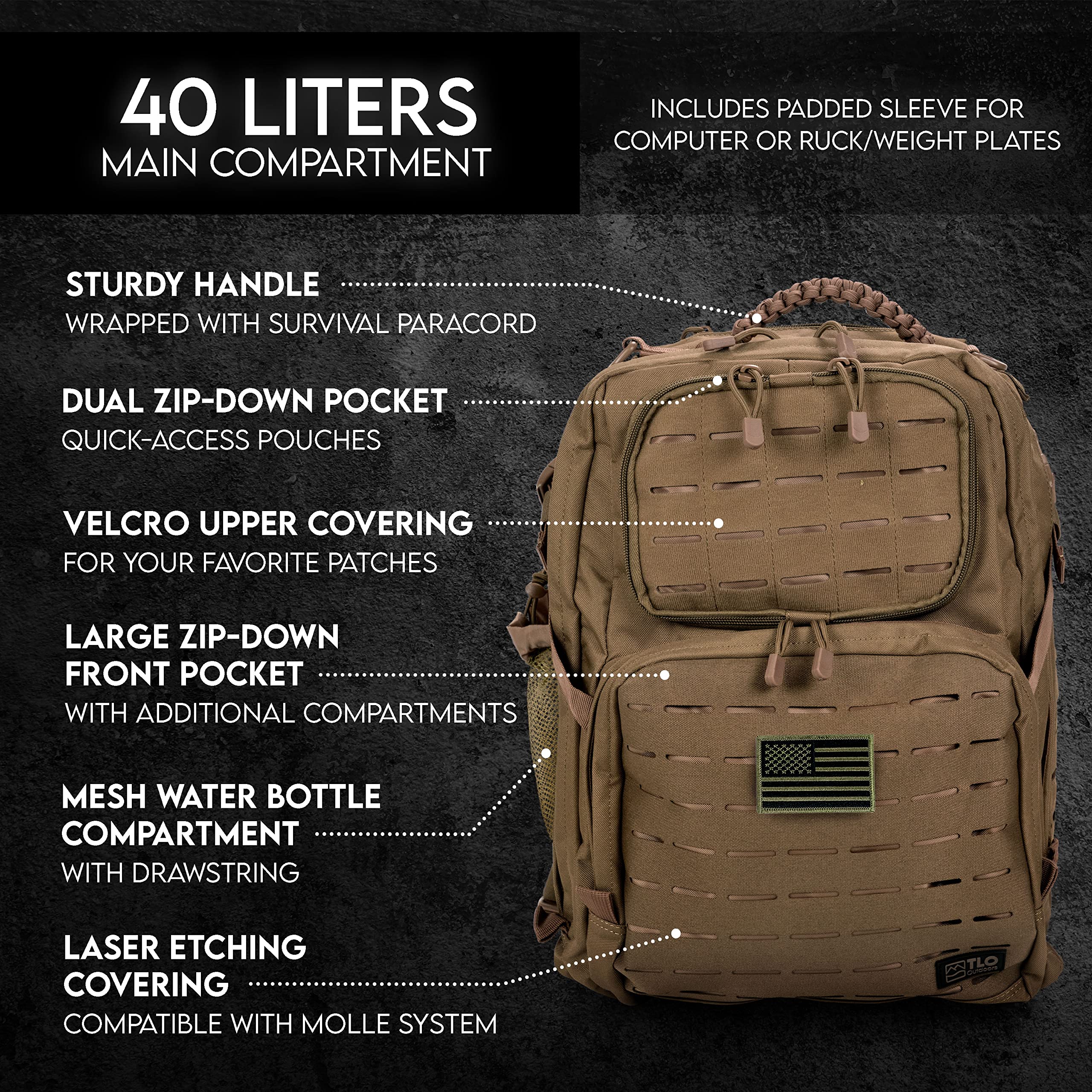 TLO Outdoors TacPack40L 40L Water Resistant Tactical Backpack - Durable Military Daypack, Hiking Rucksack, Travel Gear Bag & Laptop Backpack for Outdoor Adventures, Camping and Daily Commute