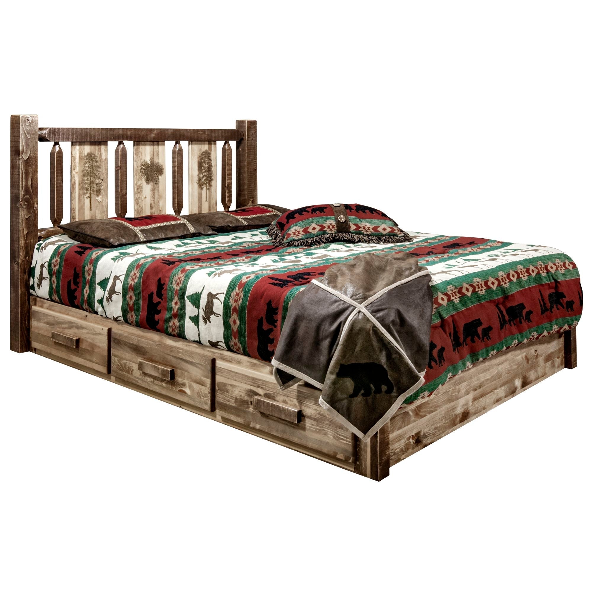 Homestead Platform Bed with Storage - Laser Engraved Design, Stain & Clear Lacquer Finish - Perfect for Small Bedrooms & Modern Apartments