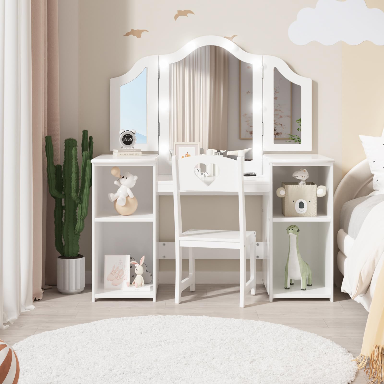Princess Makeup Vanity Set for Girls - Kids Wooden Vanity Table with Touch Light, Detachable Tri-Folding Mirror & Storage Shelves - Toddler Pretend Play Dressing Desk & Chair - Perfect for Bedroom Decor & Role Play Gifts