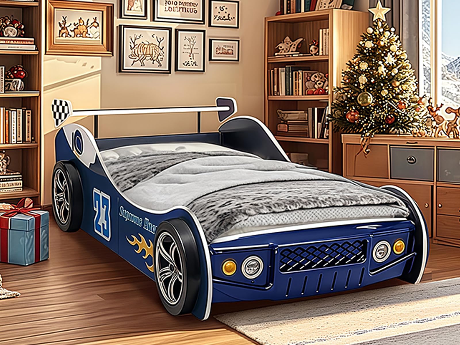**Kids Twin Bed Frame with Wood Slat Support - Car Design Platform Bed with Headboard for Toddlers & Children | Fits Standard Twin Mattress (Mattress Not Included) | Perfect for Bedrooms, Playrooms & Themed Decor**