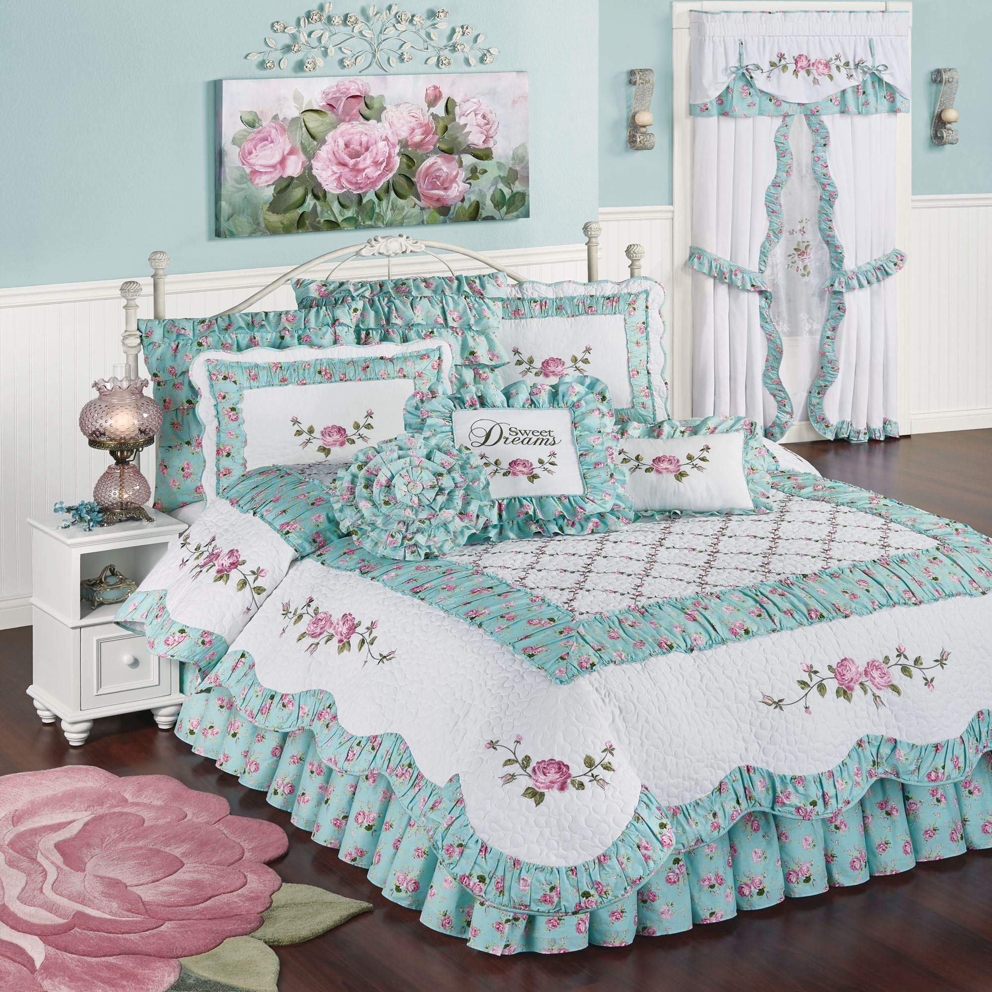 Touch of Class Rose Garden Quilt Set - 4 Piece Queen Size Bedding with Quilt, Bedskirt & Shams - White Aqua Pink Floral Design - Cotton Polyester Blend - Vermicelli Quilting & Embroidery - 15 Inch Drop - Perfect for Master Bedroom, Guest Room & Farmhouse Decor