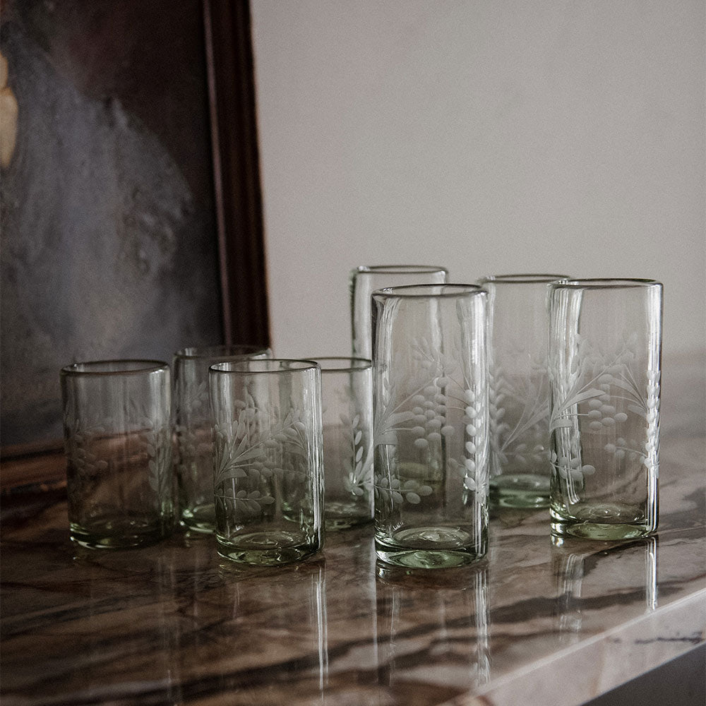 Hand Etched Floral Recycled Glassware Set - Eco-Friendly Drinking Glasses for Wine, Juice & Cocktails - Perfect for Parties, Weddings & Home Decor