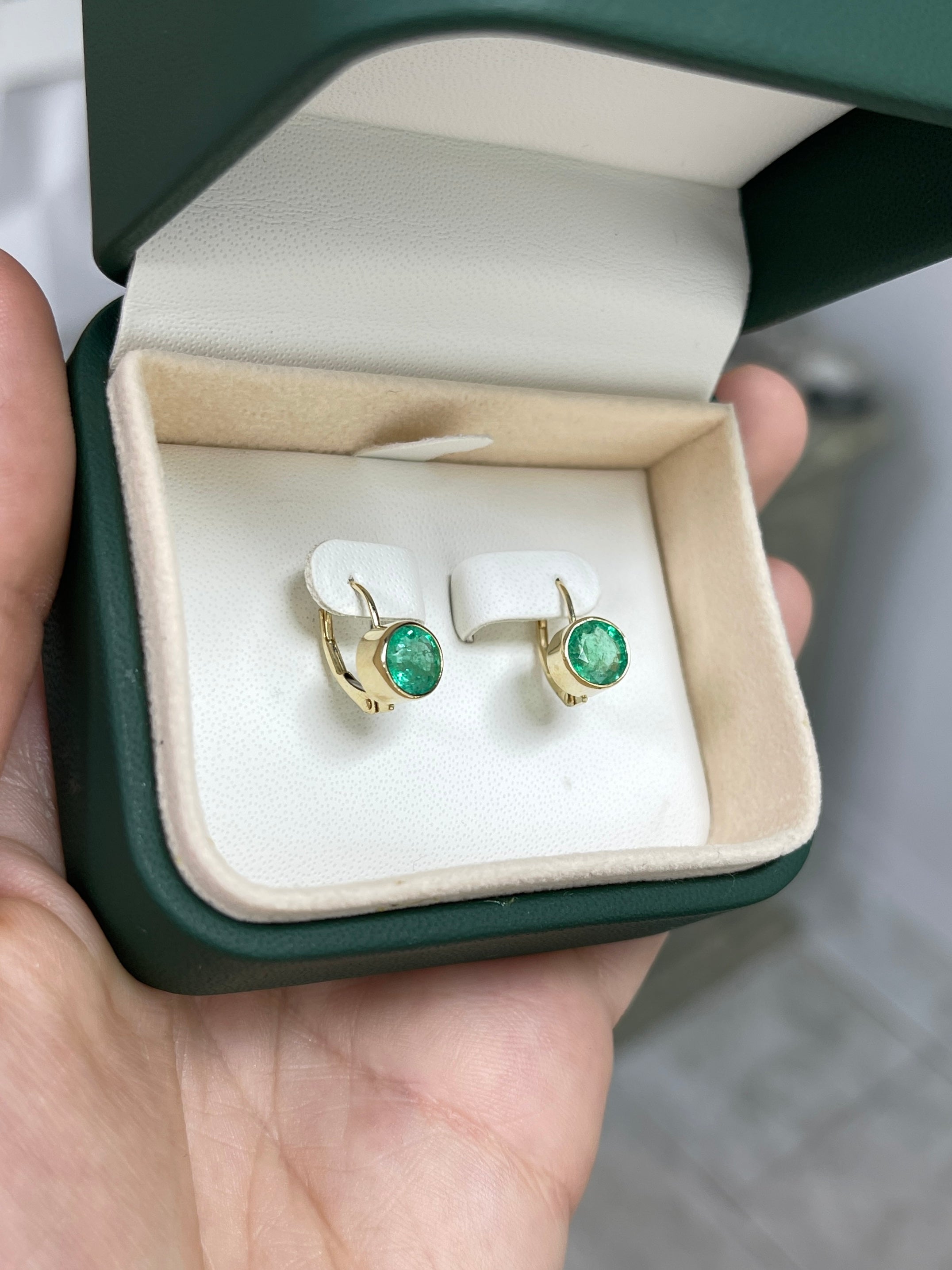 2.30tcw Round Emerald Bezel Leverback Earrings in 14K Gold - Elegant Dangle Earrings for Women, Perfect for Weddings, Parties & Special Occasions