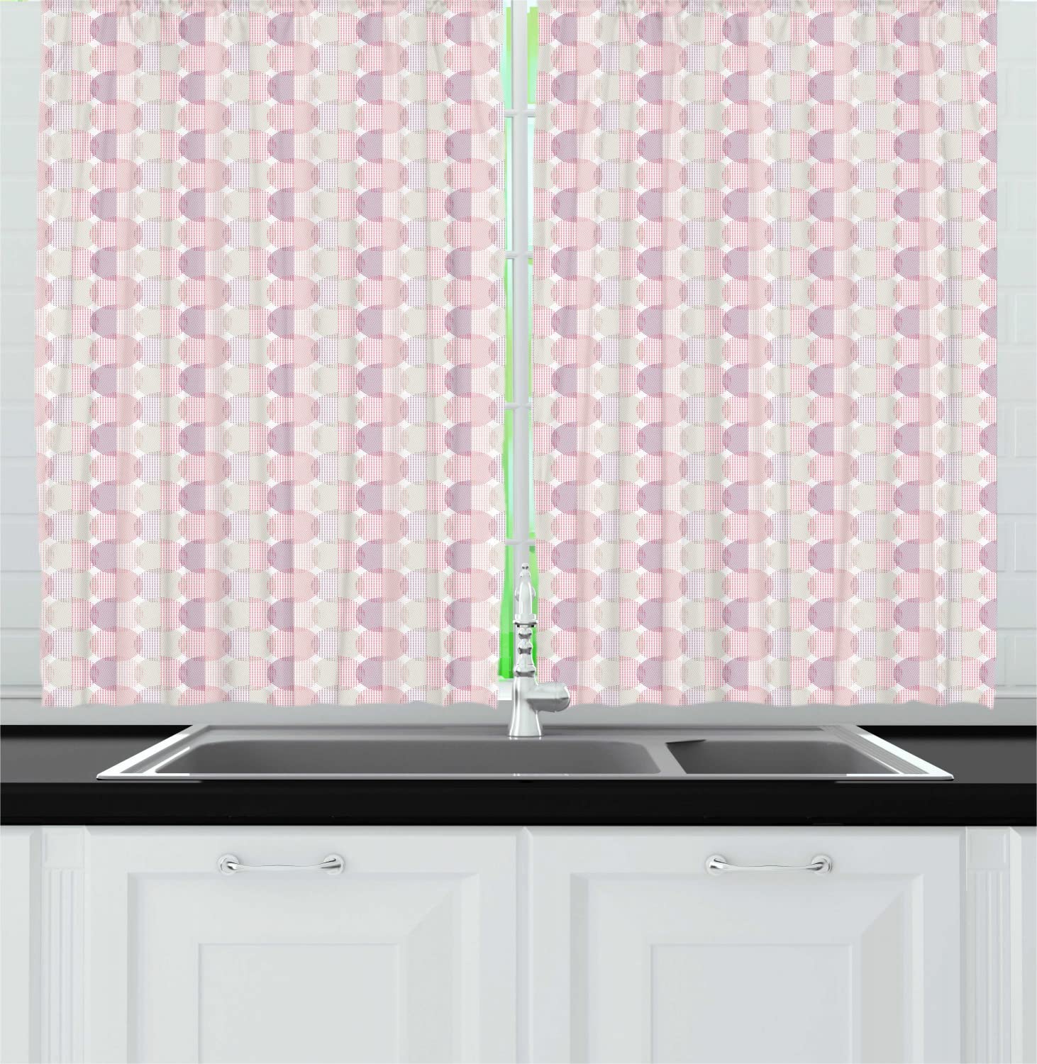 Ambesonne Neutral Color Long Kitchen Curtains - Geometric Dashed Circles & Dots Stripes Design - 55