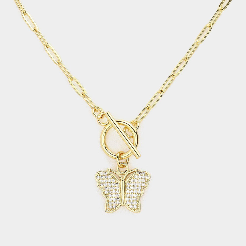 14K Gold Plated CZ Butterfly Pendant Toggle Necklace Set for Women - Elegant Layering Jewelry Gift for Birthday, Anniversary & Valentine's Day