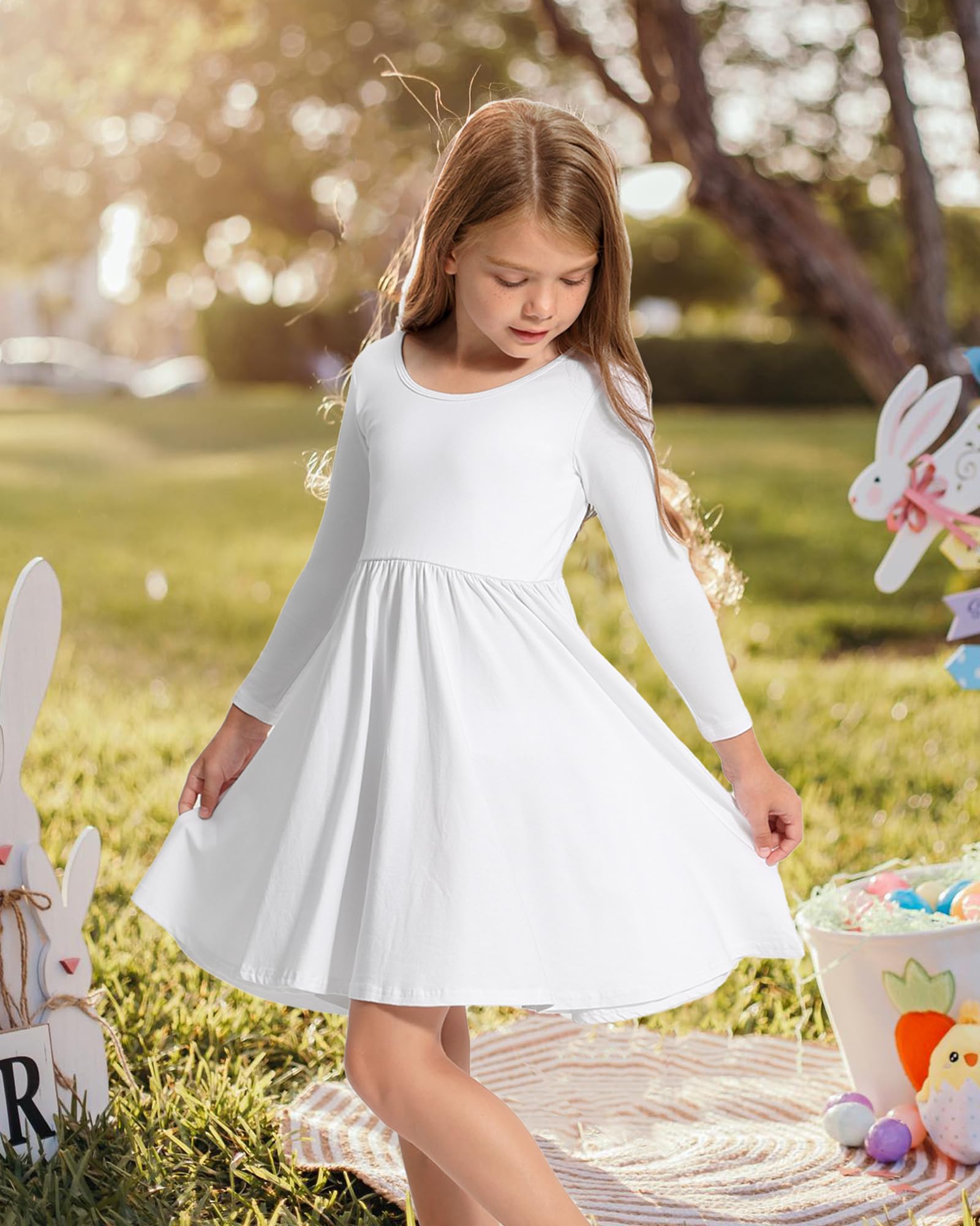 Stelle Girls Long Sleeve White Cotton Skater Dress - Twirl A-Line Toddler Dress for School, Casual Wear & Easter Outfits | Perfect for Playdates, Parties and Special Occasions