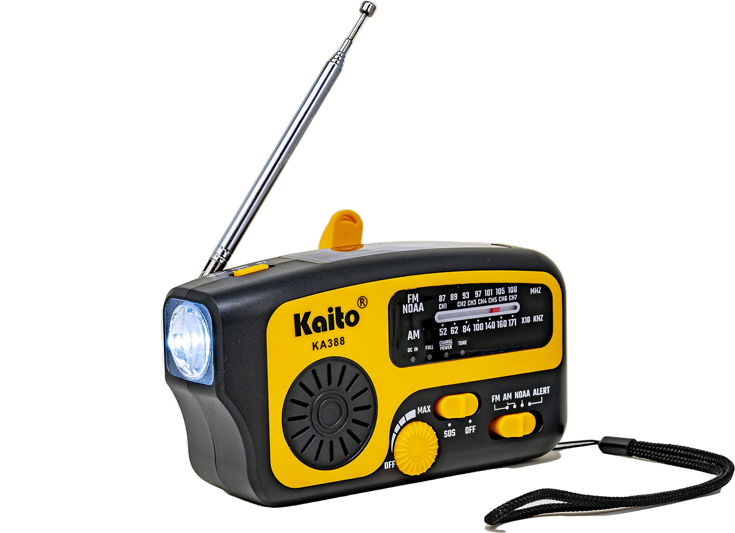 Kaito KA388 Emergency Radio - AM/FM NOAA Weather Alert, Solar/Crank Hand Powered, LED Flashlight & USB Phone Charger | Portable Survival Gear for Camping, Hiking, Power Outages (Yellow)