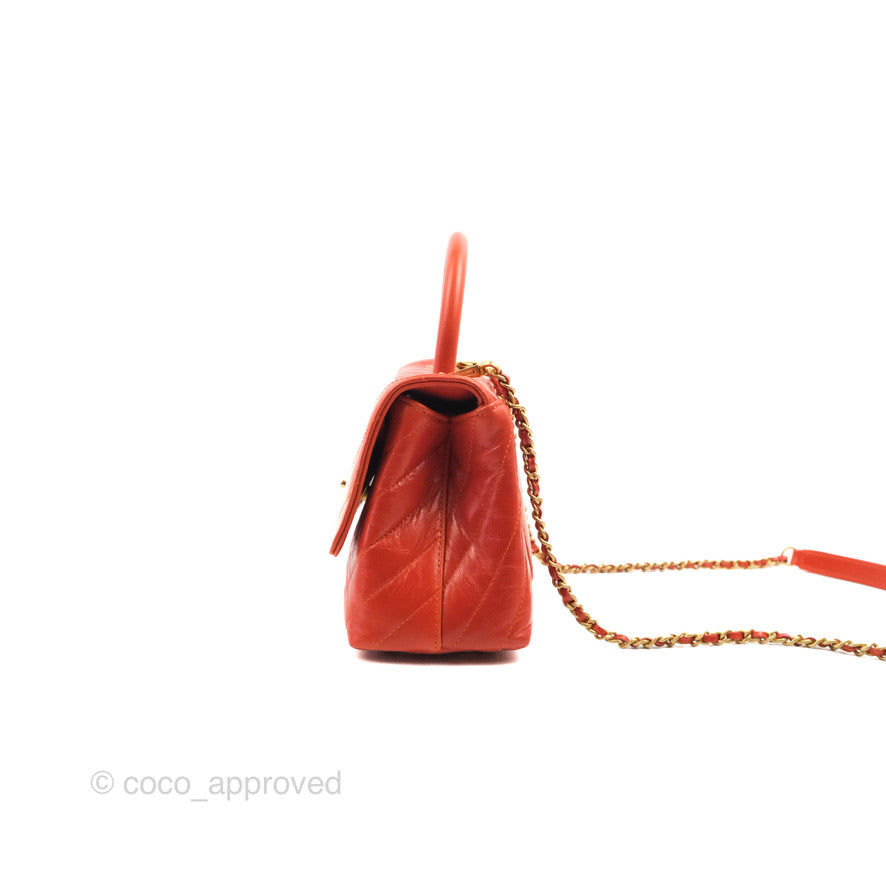 Chanel Chevron Small Coco Handle Bag in Dark Orange Shiny Aged Calfskin with Aged Gold Hardware - Perfect for Evening Events & Luxury Fashion Accessories