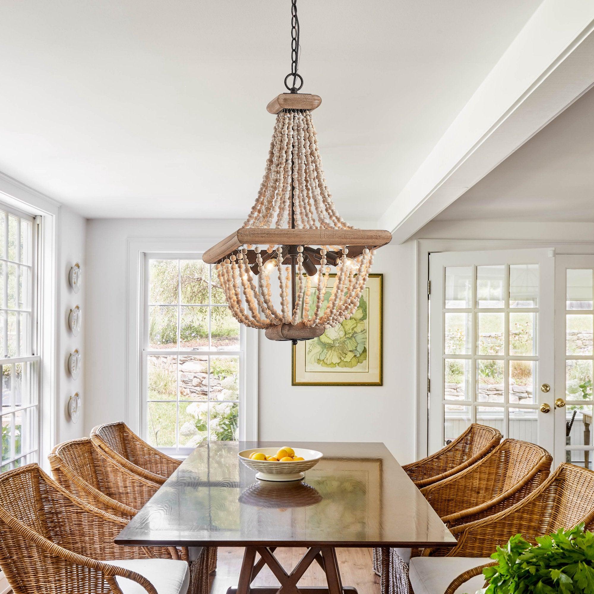 Regas 4-Light Wood Bead Candle Style Chandelier - Rustic Farmhouse Ceiling Light Fixture for Dining Room, Bedroom, or Living Room Decor