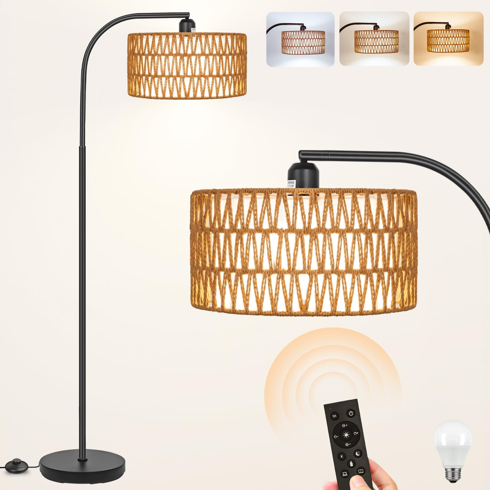 Boho Rattan Floor Lamp with Double Linen Shades - 9W LED Bulb & Foot Switch - Arc Standing Lamp for Living Room, Bedroom, Office - Perfect for Cozy Reading Nooks and Modern Boho Decor
