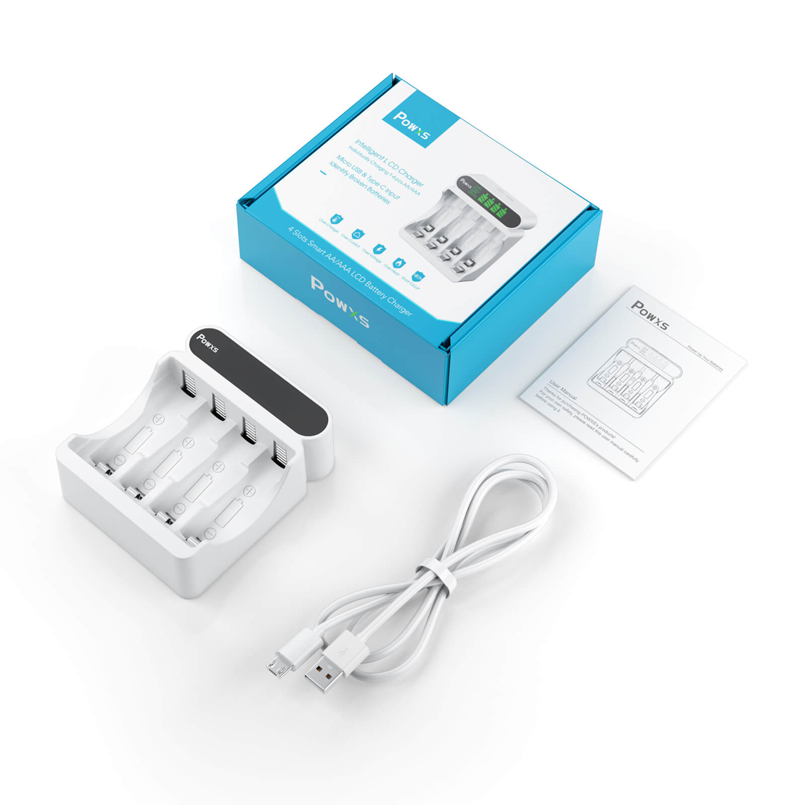 POWXS 4 Bay AA AAA Battery Charger - Fast Charging for Rechargeable Batteries - Perfect for Cameras, Toys, and Home Electronics