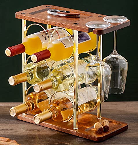 Premium Wooden Wine Rack with Glass Holder - 6 Bottle & 2 Glass Countertop Storage Organizer - Rustic Home Bar Decor for Kitchen, Dining Room & Wine Cellar - Perfect for Entertaining & Wine Display