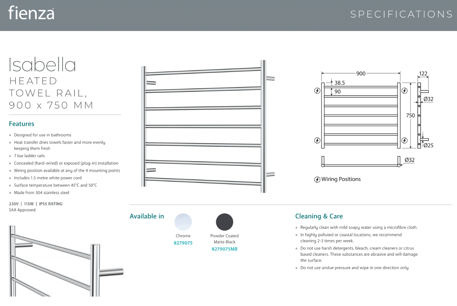Fienza 8279075MB Isabella Heated Towel Rail - 35.4 x 29.5 Inch Bathroom Towel Warmer - Matte Black Finish - Perfect for Spa, Luxury Bathroom & Home Decor
