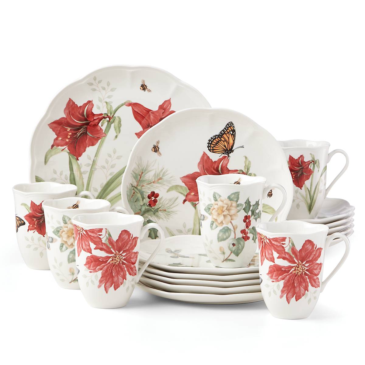 Butterfly Meadow Holiday 18-Piece Dinnerware Set - Elegant Floral Design Porcelain Plates, Bowls & Mugs - Perfect for Thanksgiving, Christmas & Family Gatherings