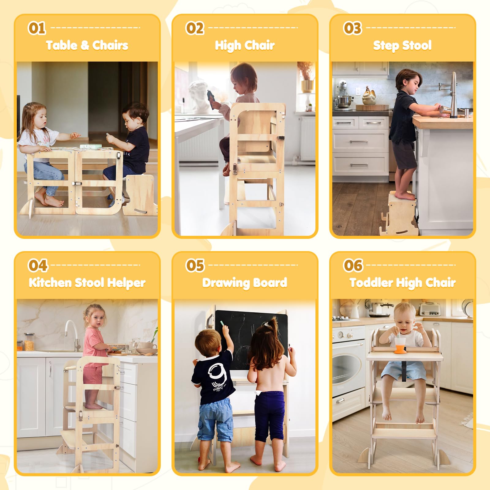 6-in-1 Multifunctional Toddler Step Stool with Foldable Learning Tower, Blackboard & Feeding Tray - Wooden Kitchen Helper for Kids Ages 1-3 - Perfect for Cooking, Learning & Playtime - Ideal Gift for Boys & Girls