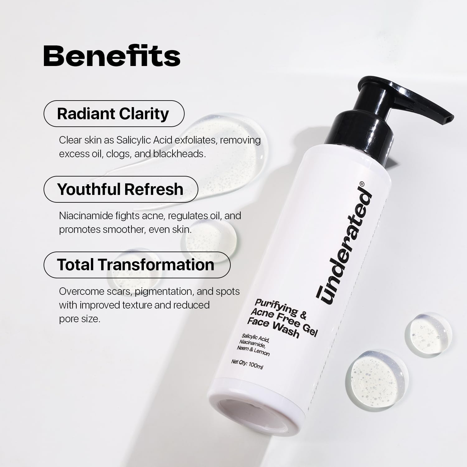 Neem & Lemon Acne Control Face Wash - Purifying Gel Cleanser for Oily Skin, Reduces Shine & Prevents Blackheads & Whiteheads | 100ml | Daily Skincare Routine for Clear, Balanced Skin